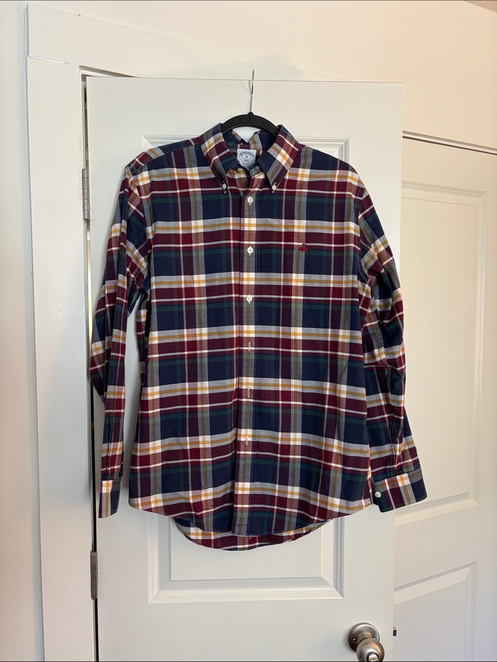 Brooks Brothers Navy, Burgundy and Yellow Plaid Button-Down Shirt